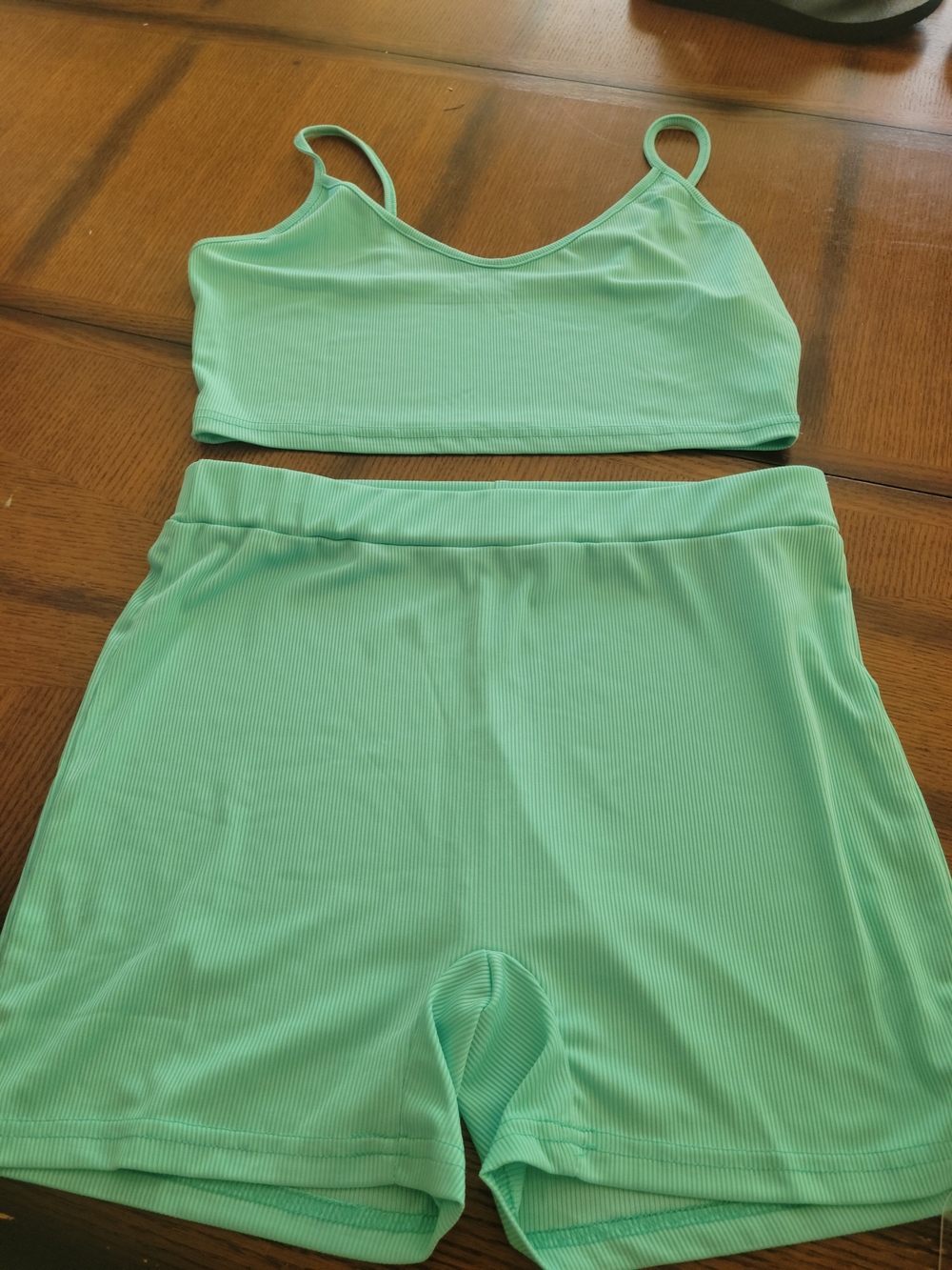 Seamless Mint Green Ribbed Bralette & High-Waist Shorts Set